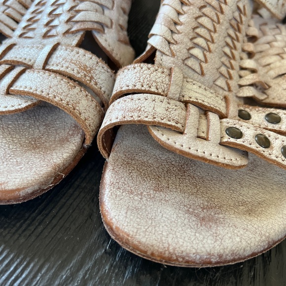 BED|STU White Nectar Distressed Leather Woven Sandals 9